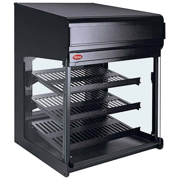 A black Hatco countertop heated air curtain cabinet with shelves and a glass door.