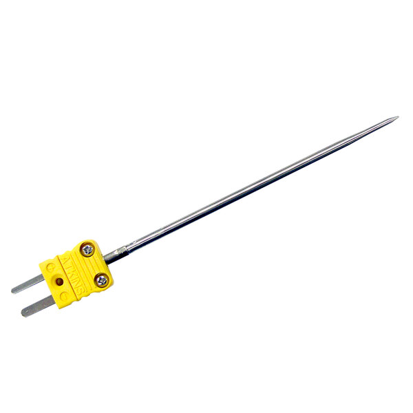 A yellow and silver metal Cooper-Atkins Type-K DuraNeedle probe with a yellow handle.