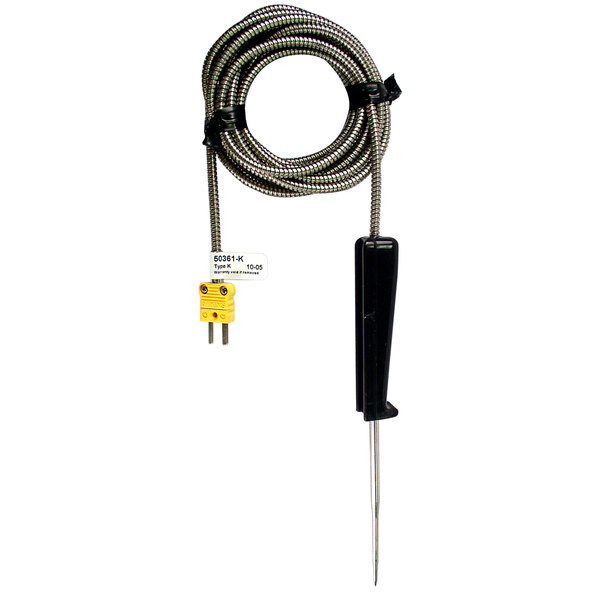 A Cooper-Atkins DuraNeedle meat probe with a black cable and yellow handle.