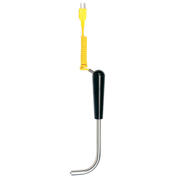 A black and yellow Cooper-Atkins Type-K Ceramic Tip Right Angled Surface Probe with a yellow coiled cable.