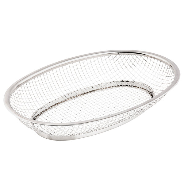 A Tablecraft stainless steel oval basket with a handle and wire mesh bottom.