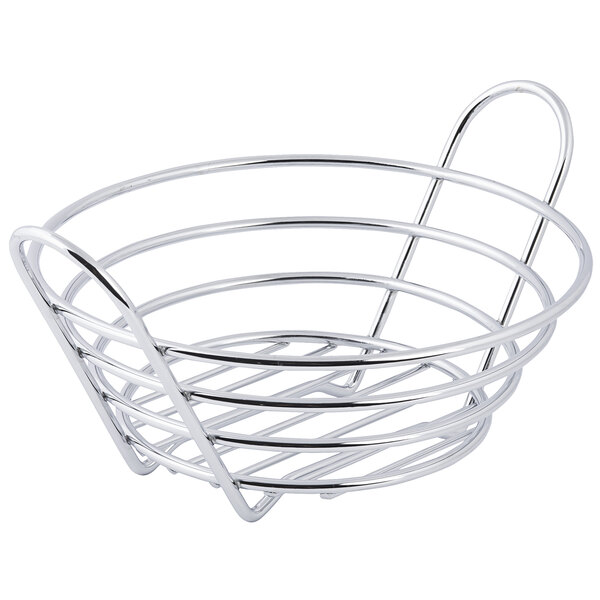 A Tablecraft Meranda Collection chrome wire basket with a handle.