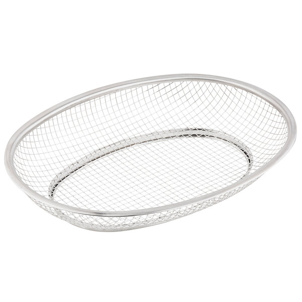 A Tablecraft stainless steel oval platter basket with wire mesh.