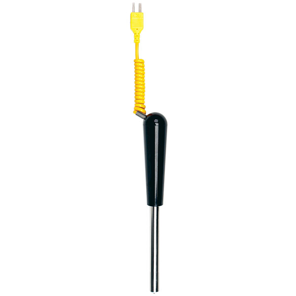 A yellow and black ceramic tip with a yellow coiled cable.