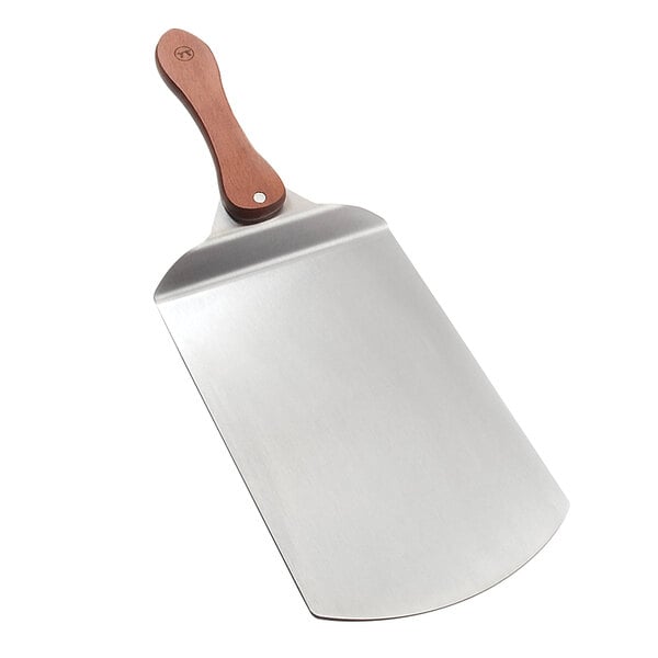 A silver metal pizza peel with a folding wooden handle.
