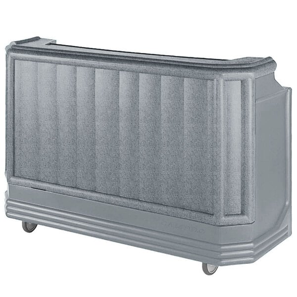 A rectangular granite gray Cambro portable bar with wheels.