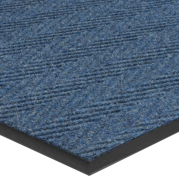A close up of a blue Lavex carpet mat with a black border.
