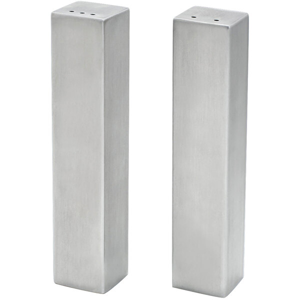 A set of two square brushed stainless steel salt and pepper shakers.