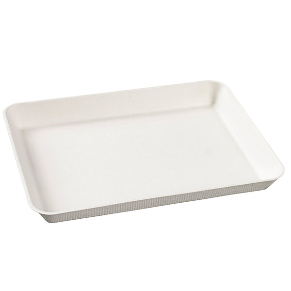 A white rectangular Solia Sugarcane tray with white PLA lamination.