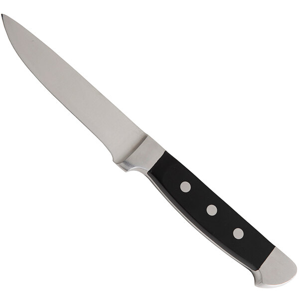 A Fortessa steak knife with a black handle and full tang blade.