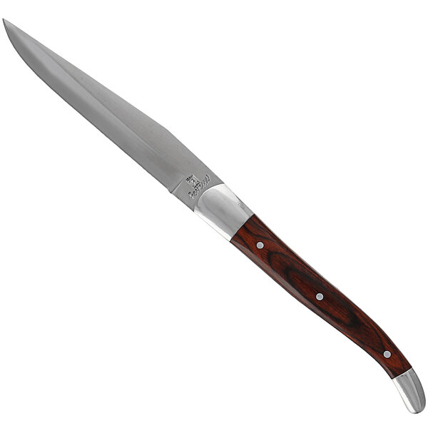 A Fortessa steak knife with a dark wood handle and silver blade.