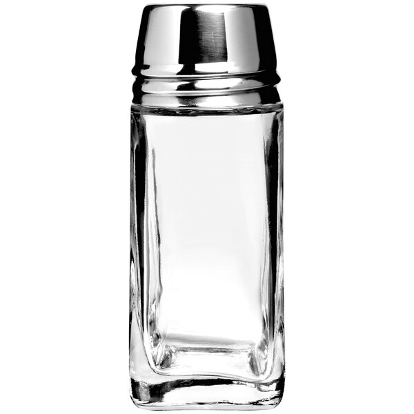 A clear glass Anchor Hocking salt shaker with a silver lid.