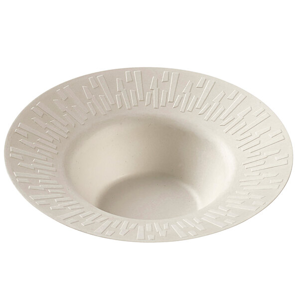 A white Solia round bowl with a design on the bottom.