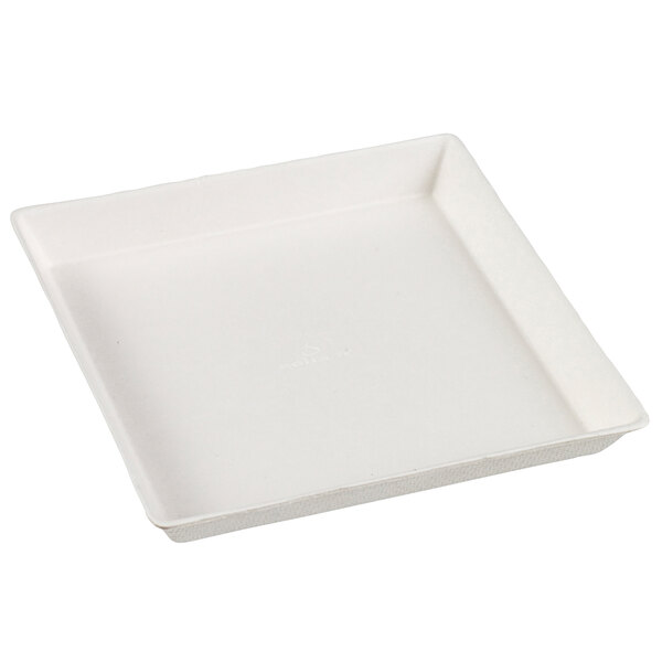 A white Solia square plate made of sugarcane pulp.