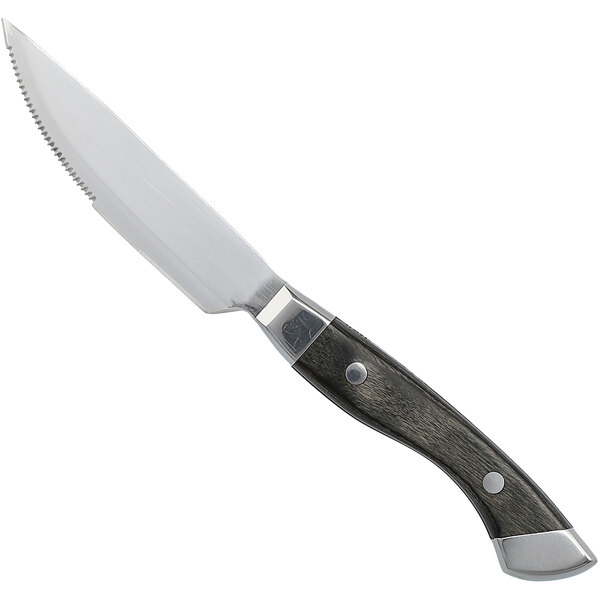 A Fortessa steak knife with a brown wooden handle and silver blade.