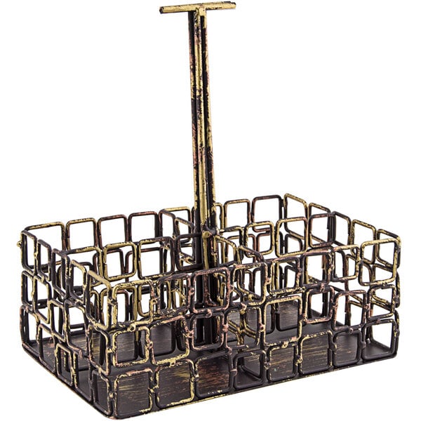 A rectangular copper metal condiment caddy with 4 square compartments and a handle.