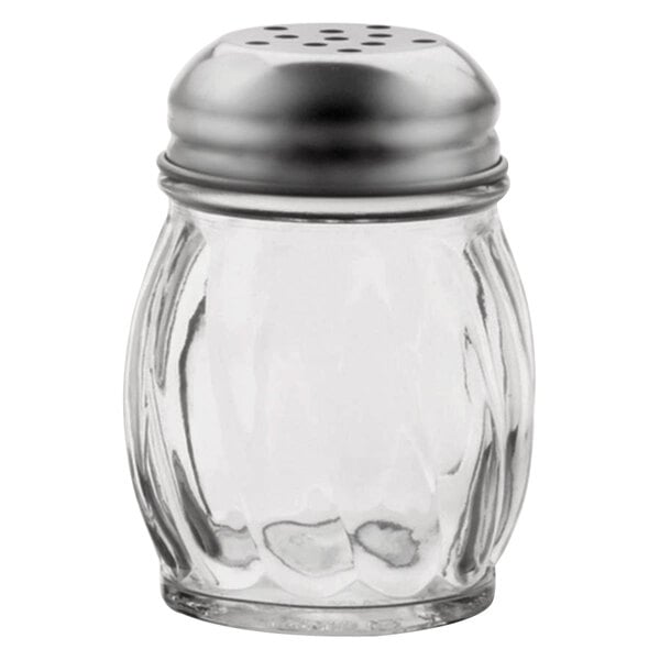 A Vollrath glass cheese shaker with a perforated stainless steel top.