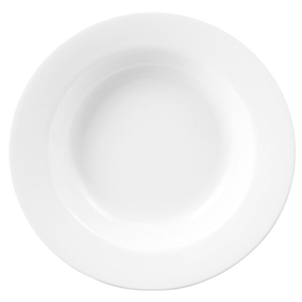 A Chef & Sommelier white china bowl with a white rim.