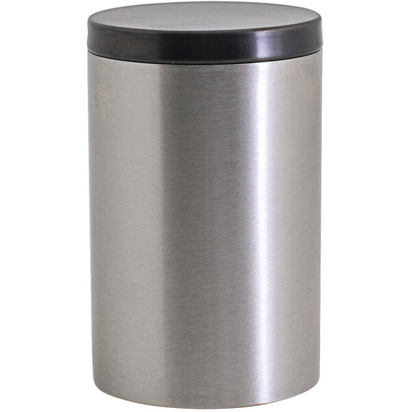 A Room360 brushed stainless steel canister with a matte black lid.