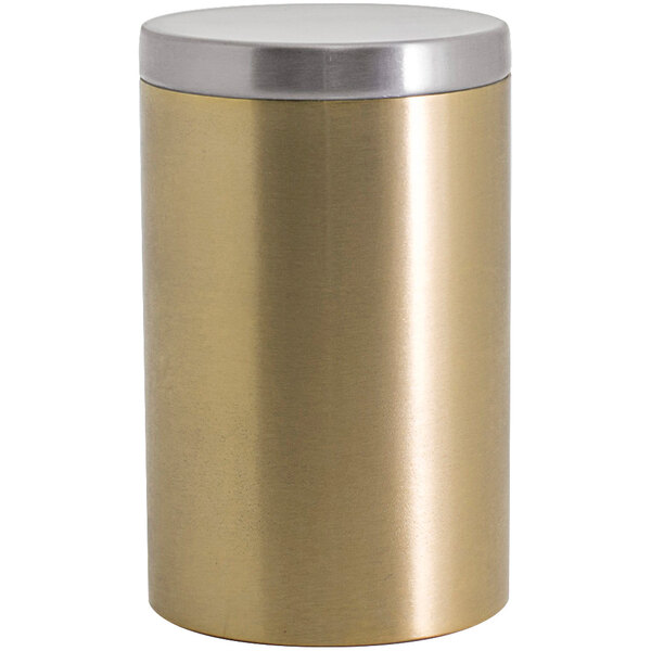 A gold stainless steel jar with a brushed stainless steel lid.