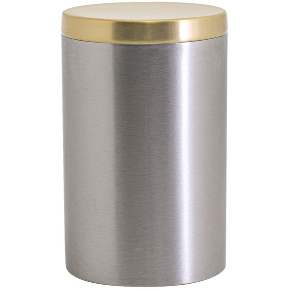 A Room360 stainless steel canister with a matte brass lid.