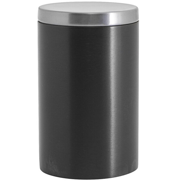 A black cylindrical Room360 stainless steel jar with a brushed stainless steel lid.