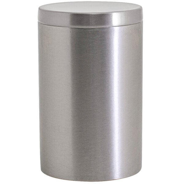 A Room360 round brushed stainless steel canister with lid.