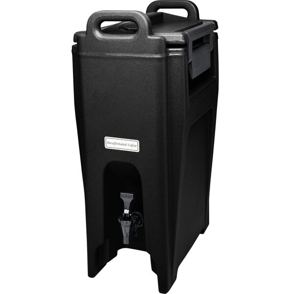 Cambro Camtainer 11.75 Gallon Black Insulated Beverage Dispenser with Black  7-Compartment Condiment Holder and 4 9/16 Riser