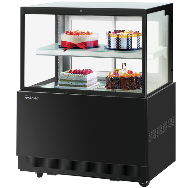 Turbo-Air TBP36-46FN 35 1/2" Square Glass Two Tier Black Refrigerated Bakery Display Case with Lift-Up Front Glass