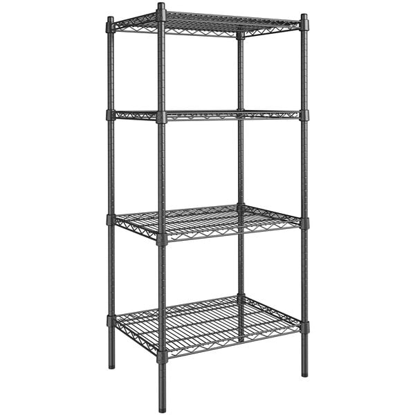 A Steelton black metal wire shelving unit with four shelves.