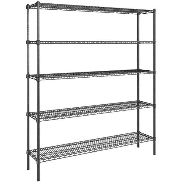 A Steelton black metal wire shelving unit with five shelves.