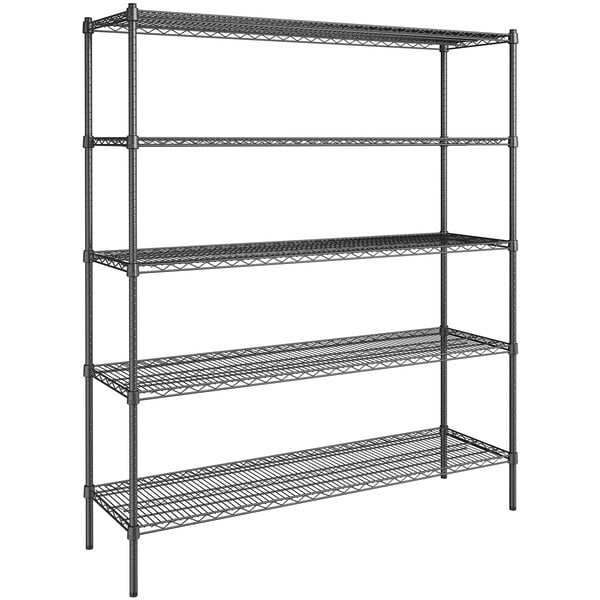 A black Steelton wire shelving unit with five shelves.