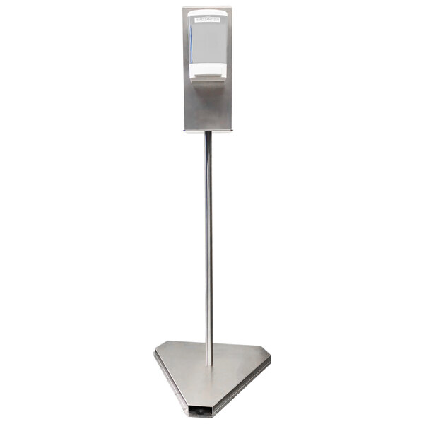 A silver stainless steel hand sanitizer dispenser stand with a white sign pole.