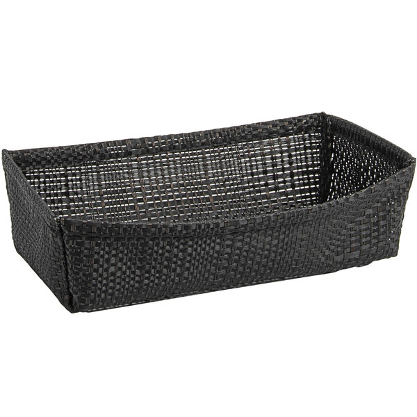 A black rectangular Front of the House woven vinyl basket with handles.