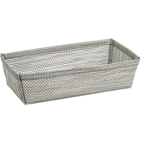 A gray woven vinyl rectangular basket.