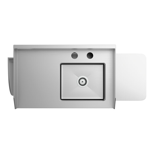 A stainless steel bussing and waitress station with a pan holder and a single sink bowl.