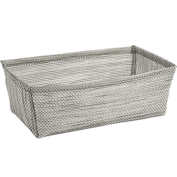 A Front of the House Metroweave gray mesh woven vinyl bread basket with a woven handle.
