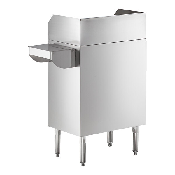A stainless steel station with four legs, a raised back and sides, and an attached side pan holder.
