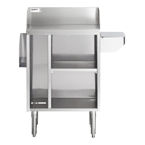 A stainless steel station with a backsplash, open shelving, a side pan holder, and sturdy legs.