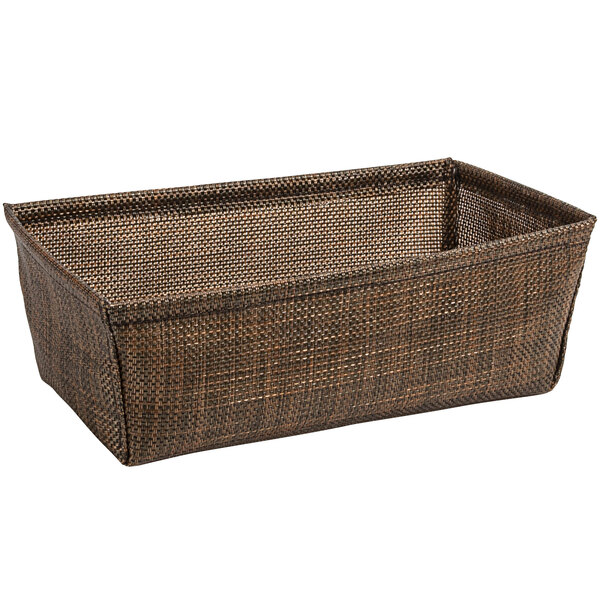 A copper woven vinyl basket with a white background.