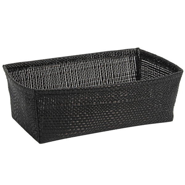 A black rectangular Front of the House Metroweave woven vinyl basket with handles.