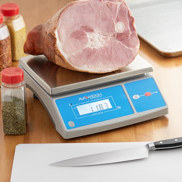 A piece of meat on an AvaWeigh digital portion scale.