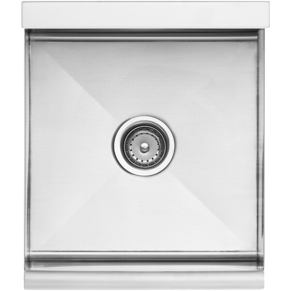 A close-up of a Regency stainless steel utility sink drain.