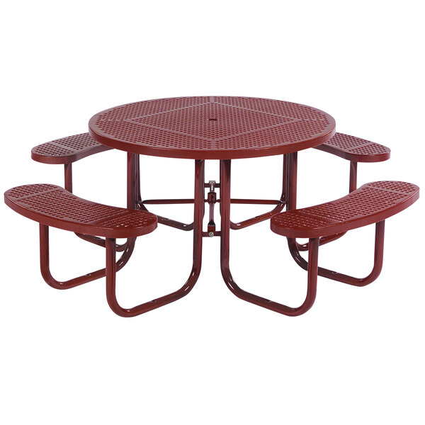 A red Wabash Valley picnic table with attached seats and a diamond patterned table top.