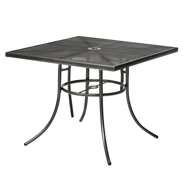 A black rectangular Wabash Valley outdoor umbrella table with a powder coated steel mesh top and metal base.