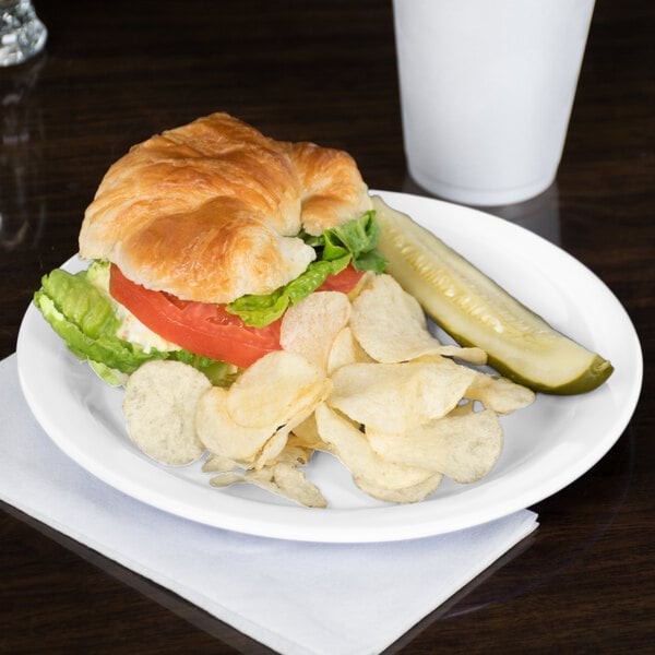 A Carlisle white melamine plate with a croissant sandwich, pickle, and potato chips.