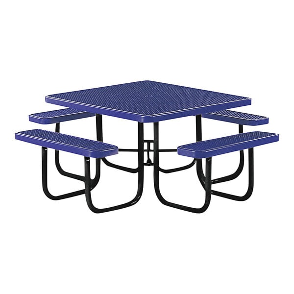 A blue picnic table with attached benches with black legs and a mesh top.