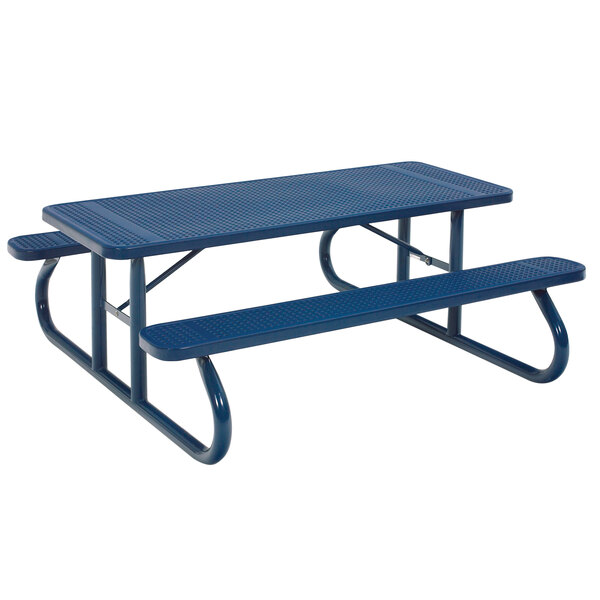 A blue picnic table with benches made of diamond patterned steel mesh.