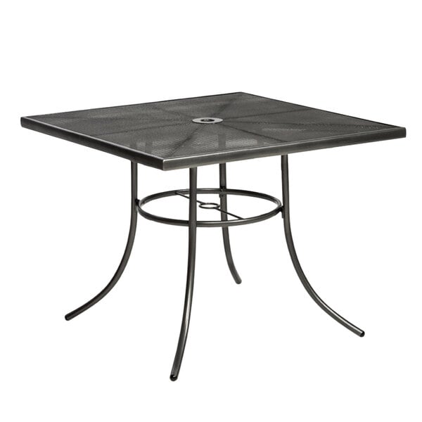 A Wabash Valley Sullivan square table with a black powder coated steel mesh top.