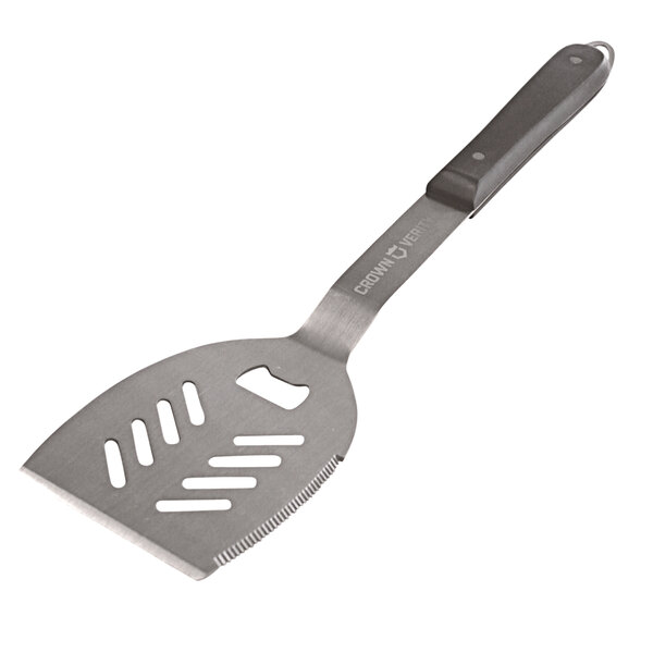 A stainless steel Crown Verity grilling spatula with a handle.